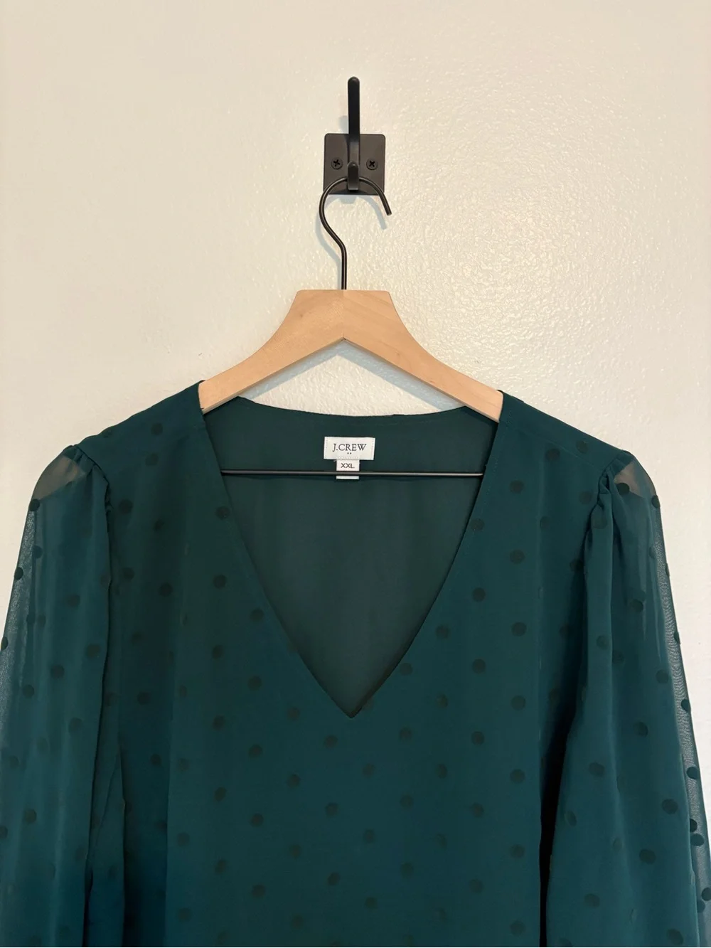 J. Crew Chiffon Dot V-Neck Puff Sleeve Blouse Career Green XXL
